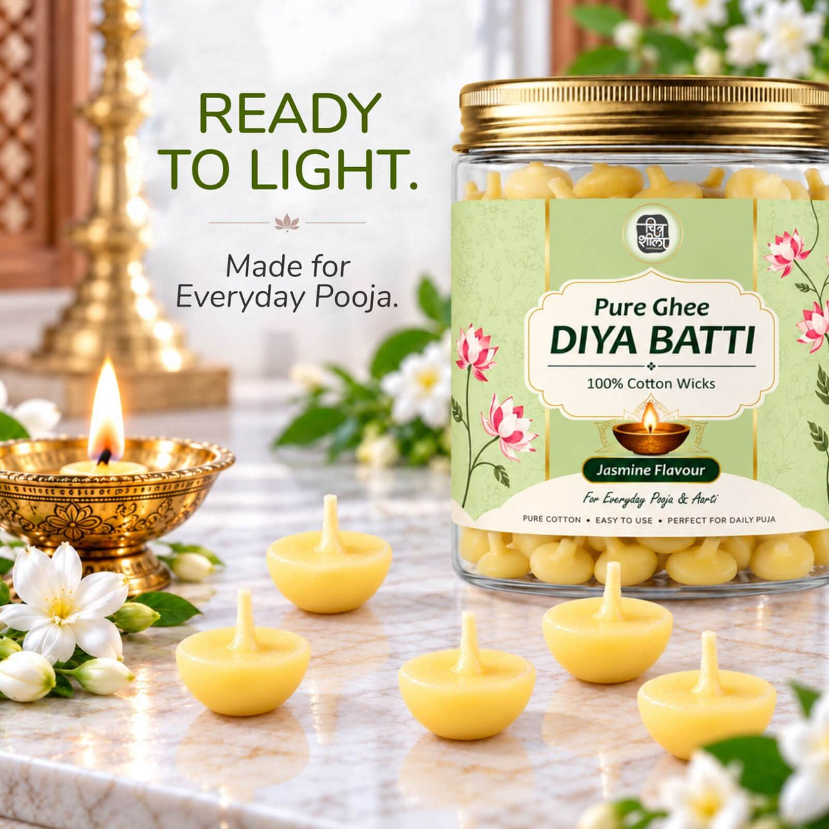 Handcrafted jasmine ghee diya batti set for devotional prayer