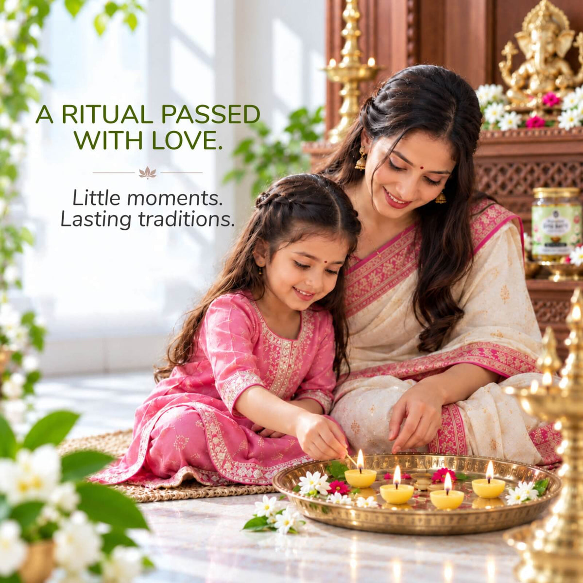 Jasmine ghee cotton wicks ready to light for daily aarti