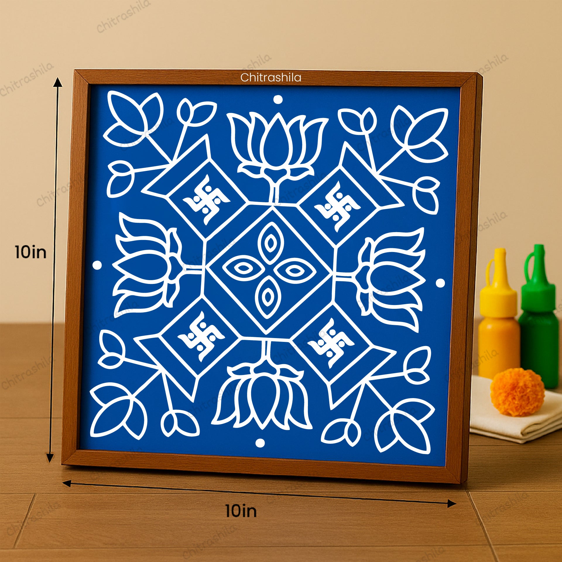 CHITRASHILA® Lotus Swastik Wooden Kolam Stencil | Reusable Rangoli Stencil 10×10 Inch (WS-54)