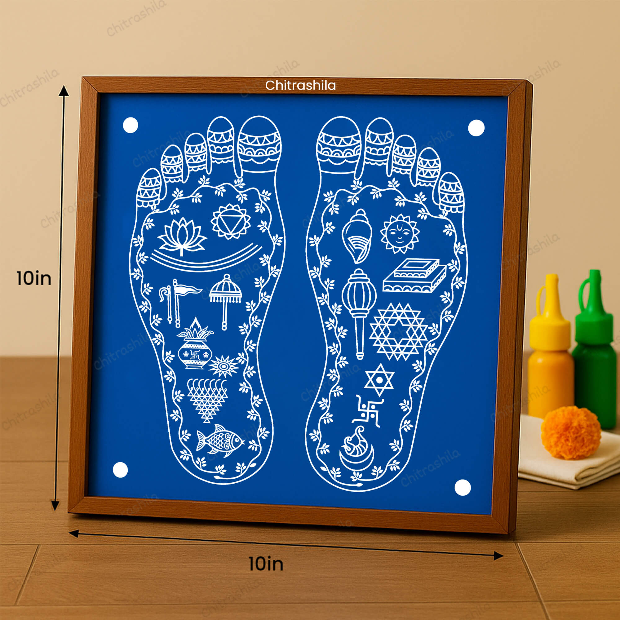 CHITRASHILA® Laxmi Charan Paduka, Auspicious Footprint Rangoli Stencil for Pooja 10x10 Inches (WS‑34)