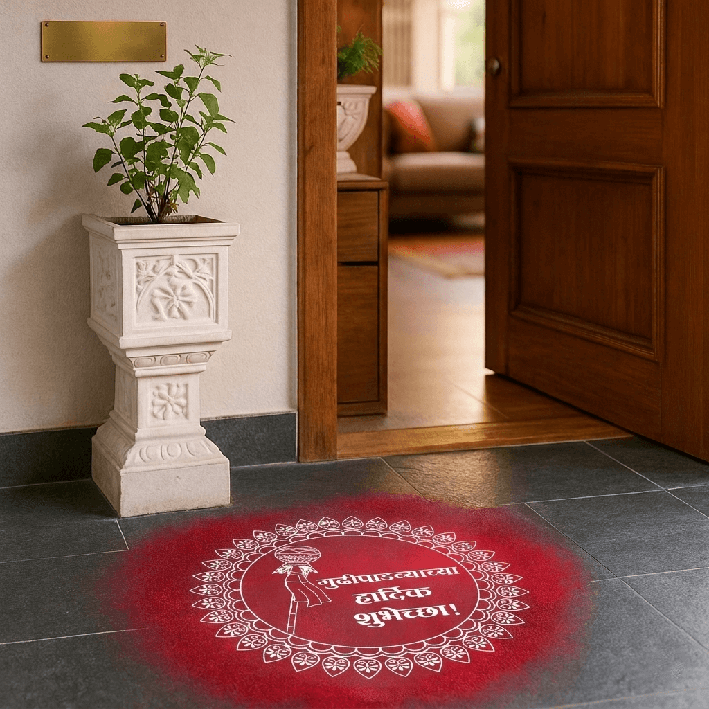 Chitrashila® Traditional Gudhi Padwa Rangoli Design with Gudhi Symbol and Floral Pattern Wooden Rangoli Stencil 10x10 Inches (WS‑40)
