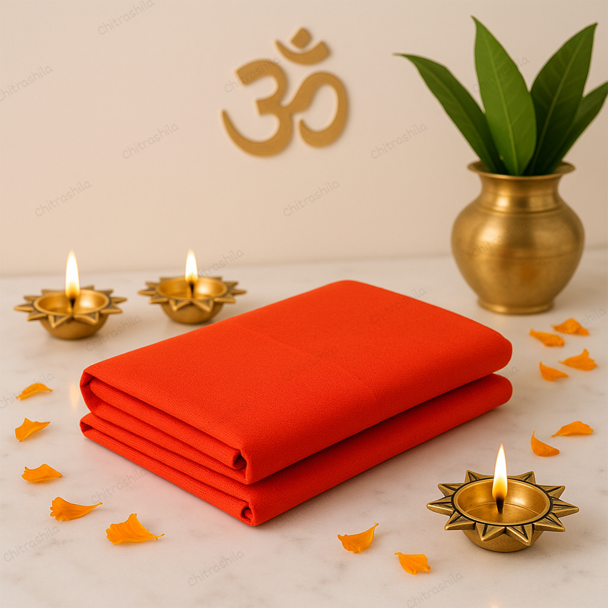 Chitrashila Pure Cotton Pooja Cloth/Kapda/Vastra (1m) for Mandir Asana, Altar Covering, Pooja - Orange/Kesari