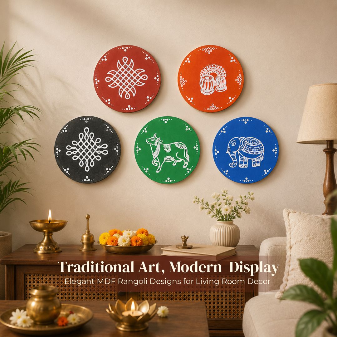 Traditional Indian Art MDF Wall Decor — Pack of 5 | 4 Inch Round Discs | Kolam, Alpana & Pithora Designs