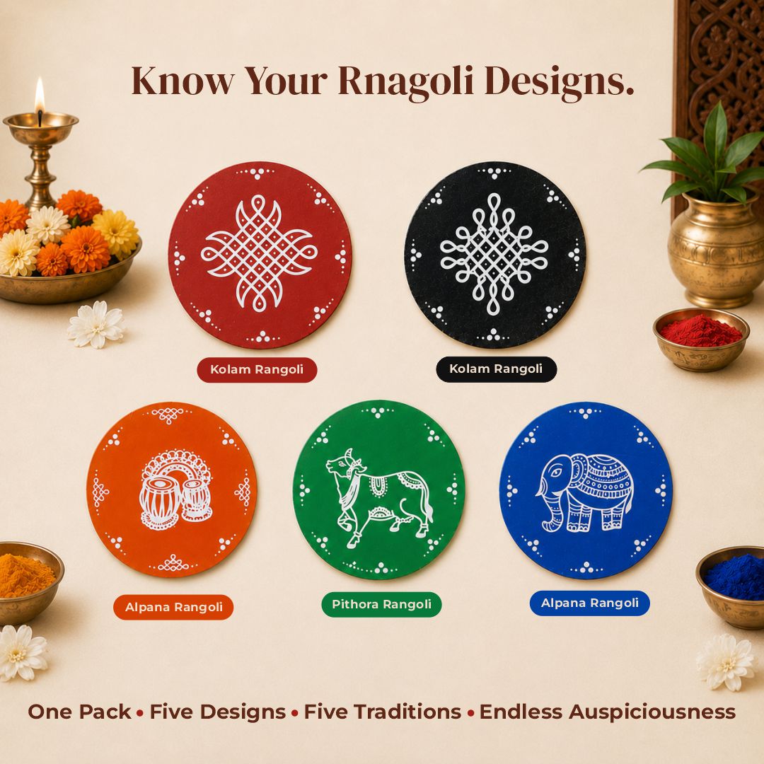 Traditional Indian Art MDF Wall Decor — Pack of 5 | 4 Inch Round Discs | Kolam, Alpana & Pithora Designs