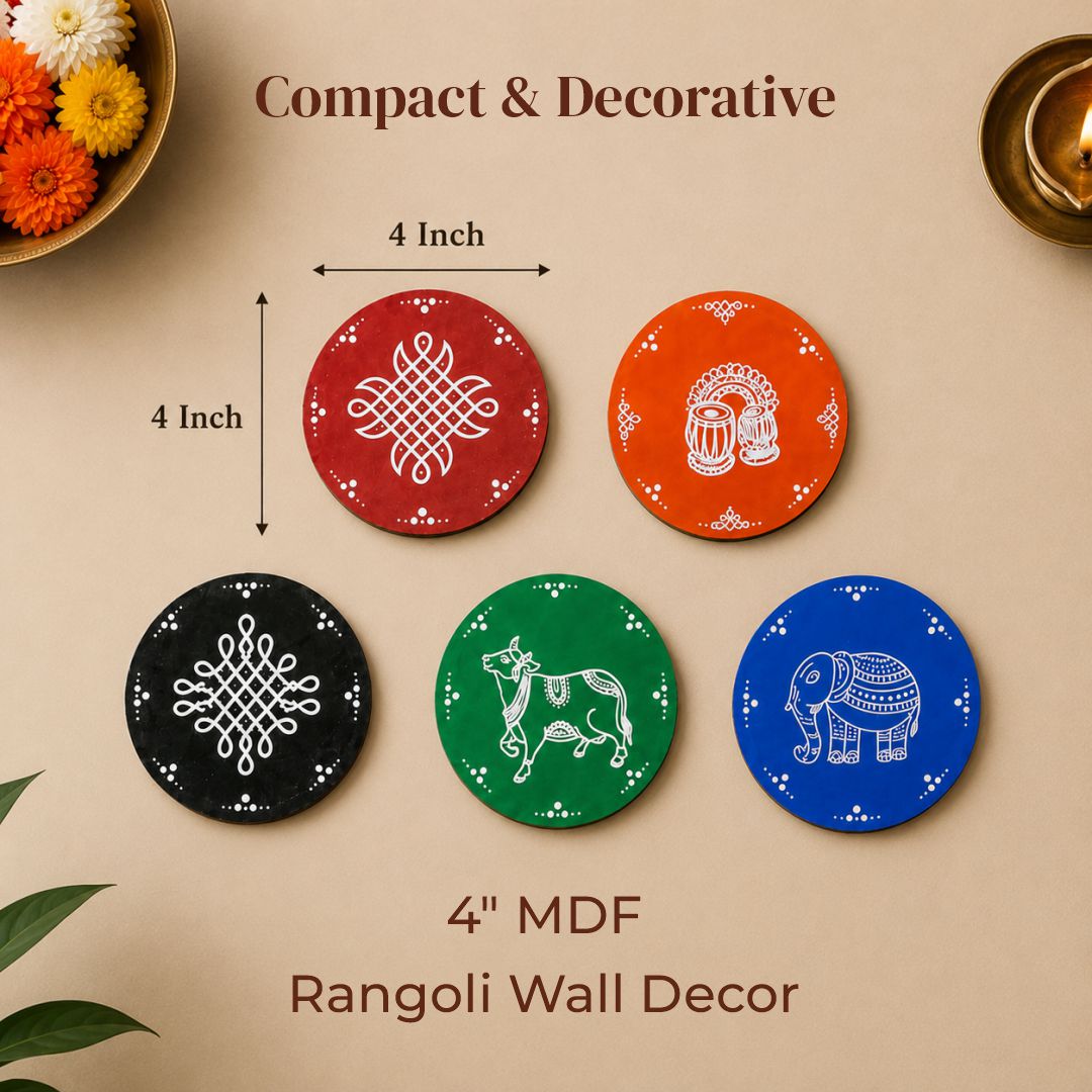 Traditional Indian Art MDF Wall Decor — Pack of 5 | 4 Inch Round Discs | Kolam, Alpana & Pithora Designs