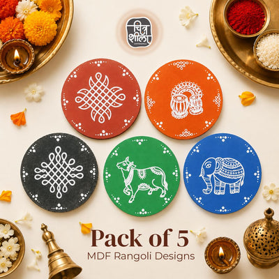 Traditional Indian Art MDF Wall Decor — Pack of 5 | 4 Inch Round Discs | Kolam, Alpana & Pithora Designs