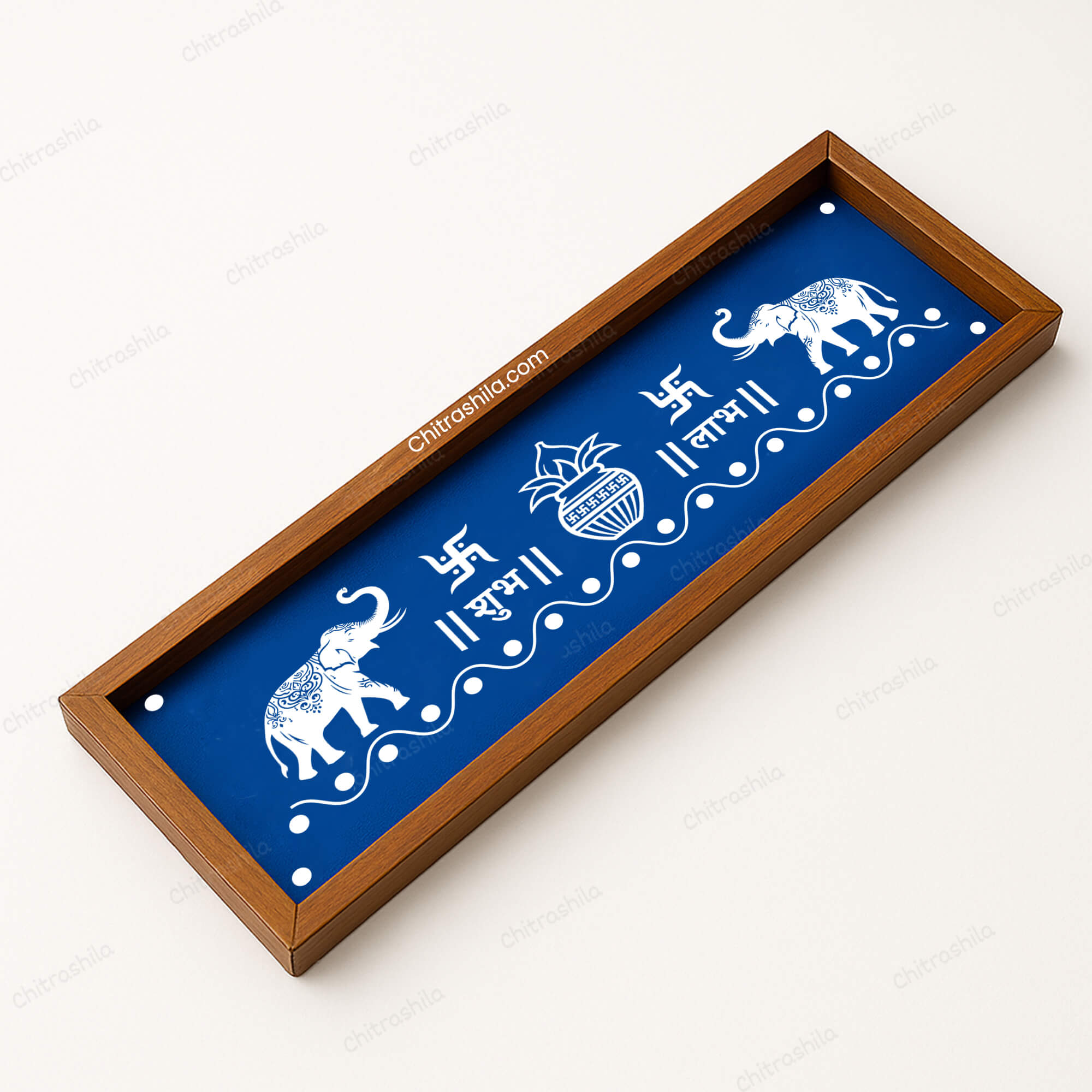 CHITRASHILA® Shubh Labh with Elephant and Swastik Wooden Rangoli Stencil 17x5 inches (WB-13)