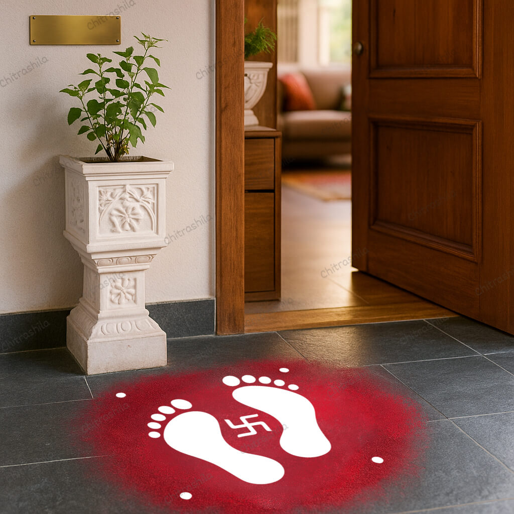 CHITRASHILA® Swastik with Krishna Charan Motif Rangoli Stencil – 5x5 Inches (WA-27)