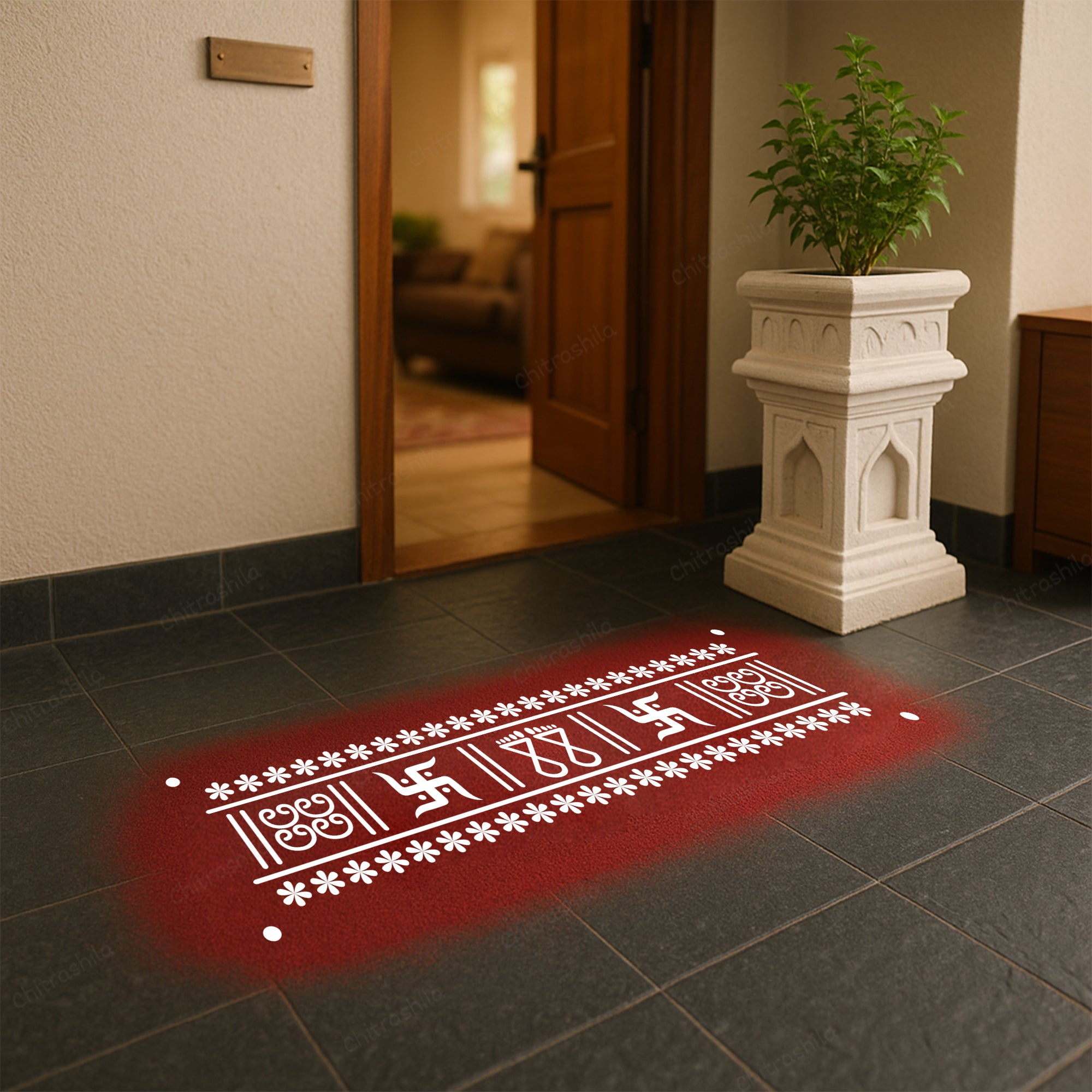 CHITRASHILA® Gaupadma Swastik Paul Design Wooden Rangoli Stencil 17x5 Inches (WB‑26)