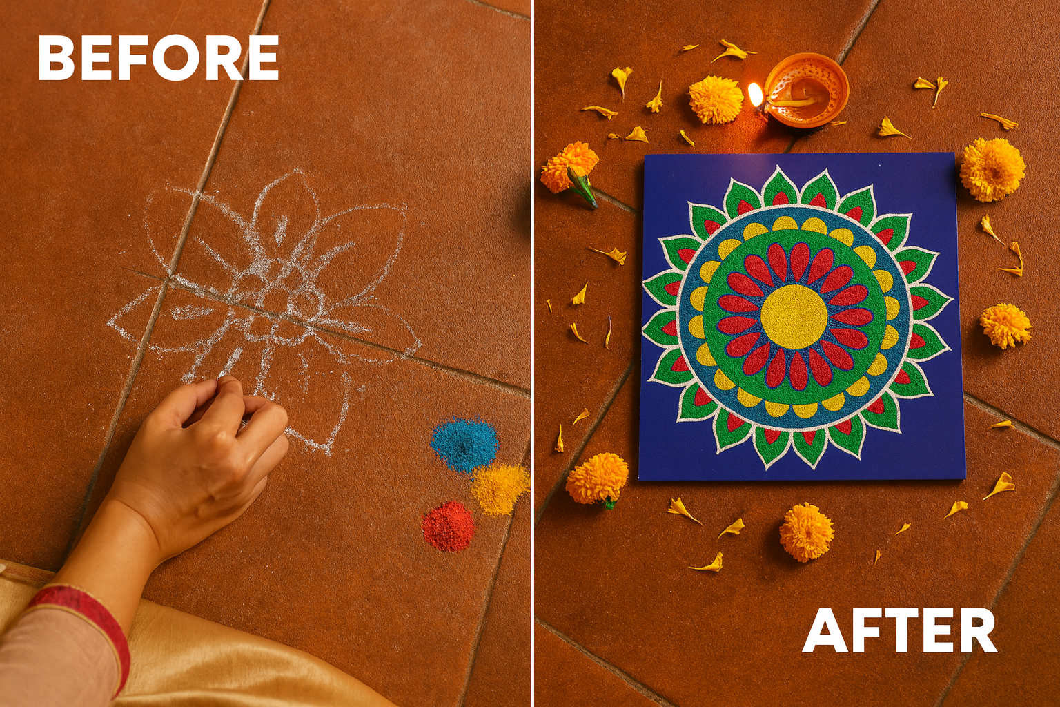 Rangoli Stencil before and after using it