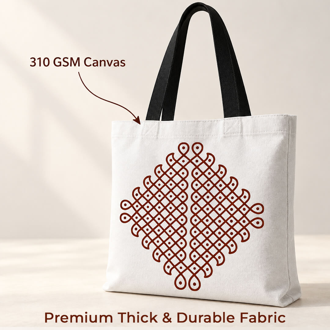 Traditional dotted diamond kolam canvas tote — gift bag