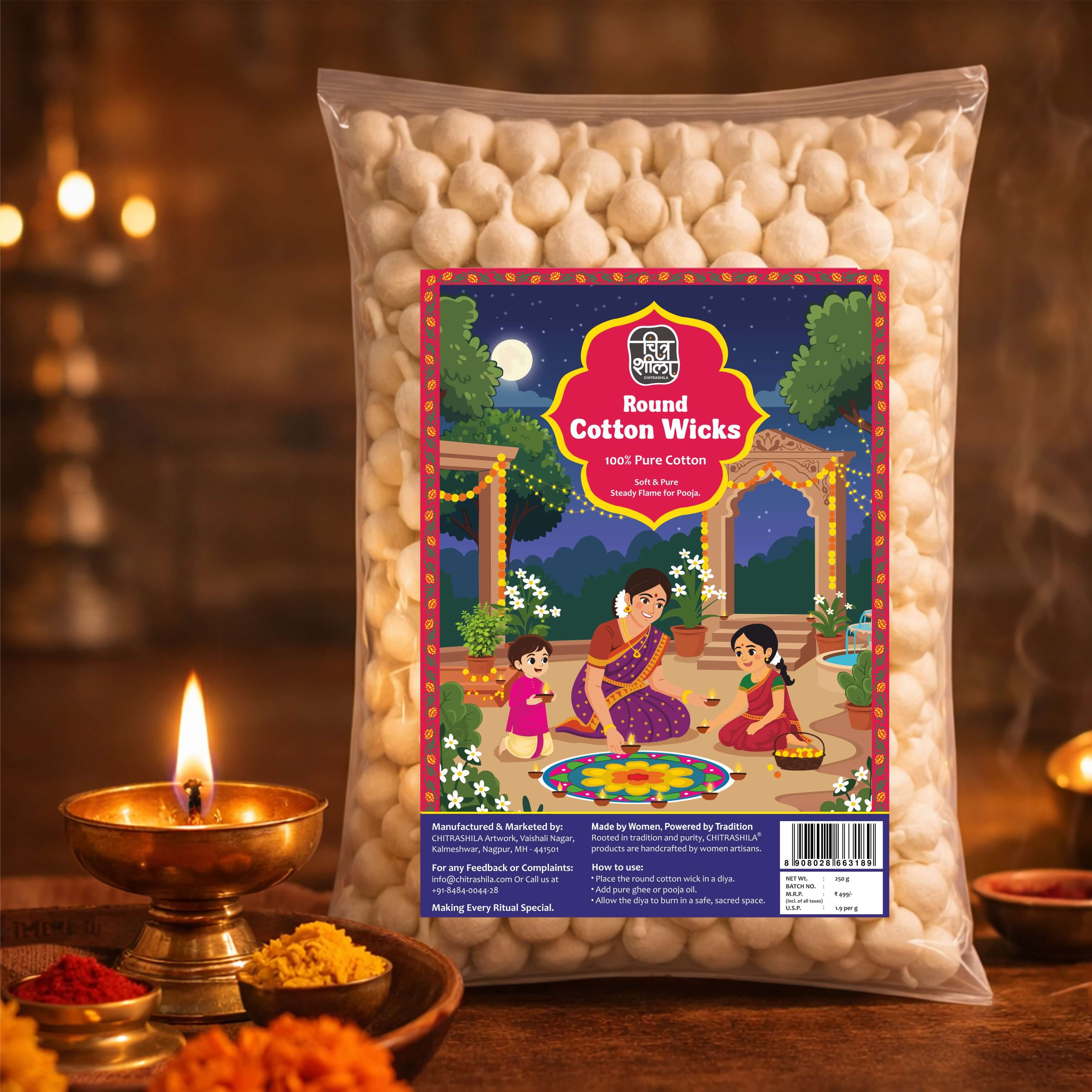 CHITRASHILA® Gol Cotton Batti - Round Cotton Wicks for Pooja Oil & Ghee Diyas - Premium, Uniform & Long-Lasting- Aprox. 1200 pcs. (250gm)