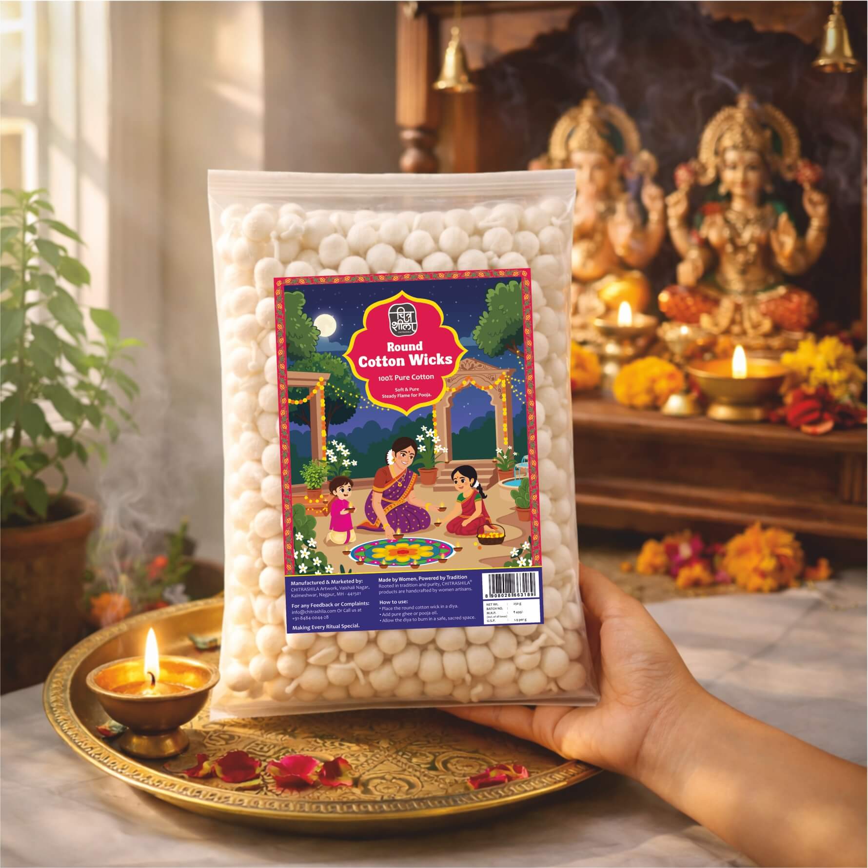 CHITRASHILA® Gol Cotton Batti - Round Cotton Wicks for Pooja Oil & Ghee Diyas - Premium, Uniform & Long-Lasting- Aprox. 1200 pcs. (250gm)