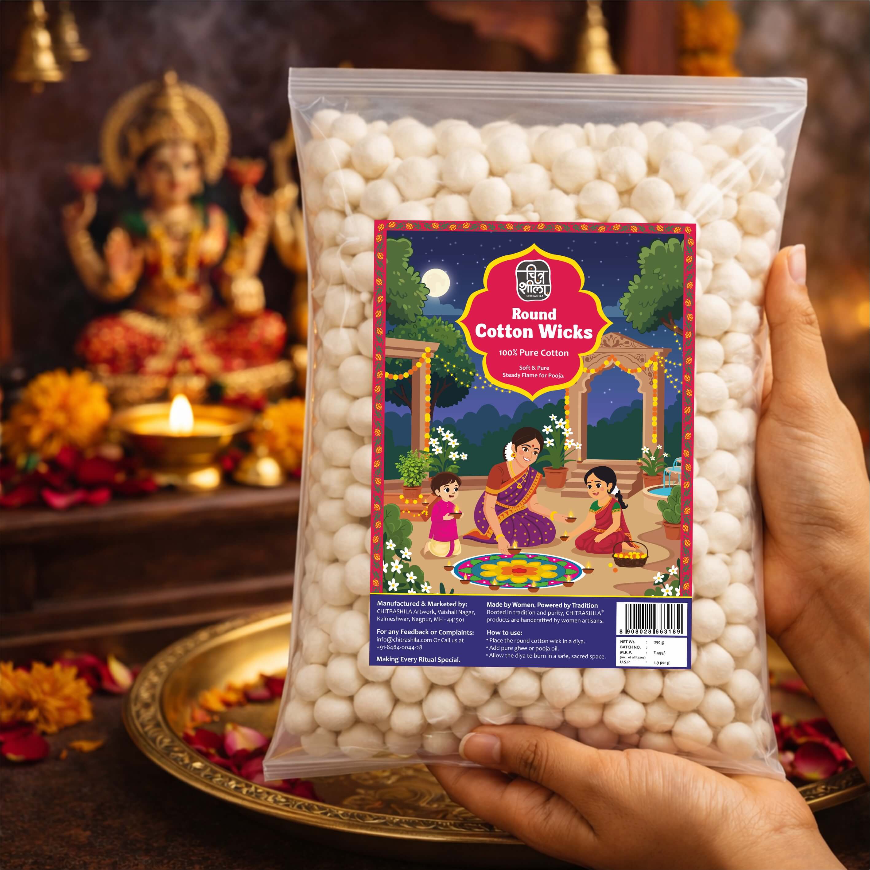 CHITRASHILA® Gol Cotton Batti - Round Cotton Wicks for Pooja Oil & Ghee Diyas - Premium, Uniform & Long-Lasting- Aprox. 1200 pcs. (250gm)