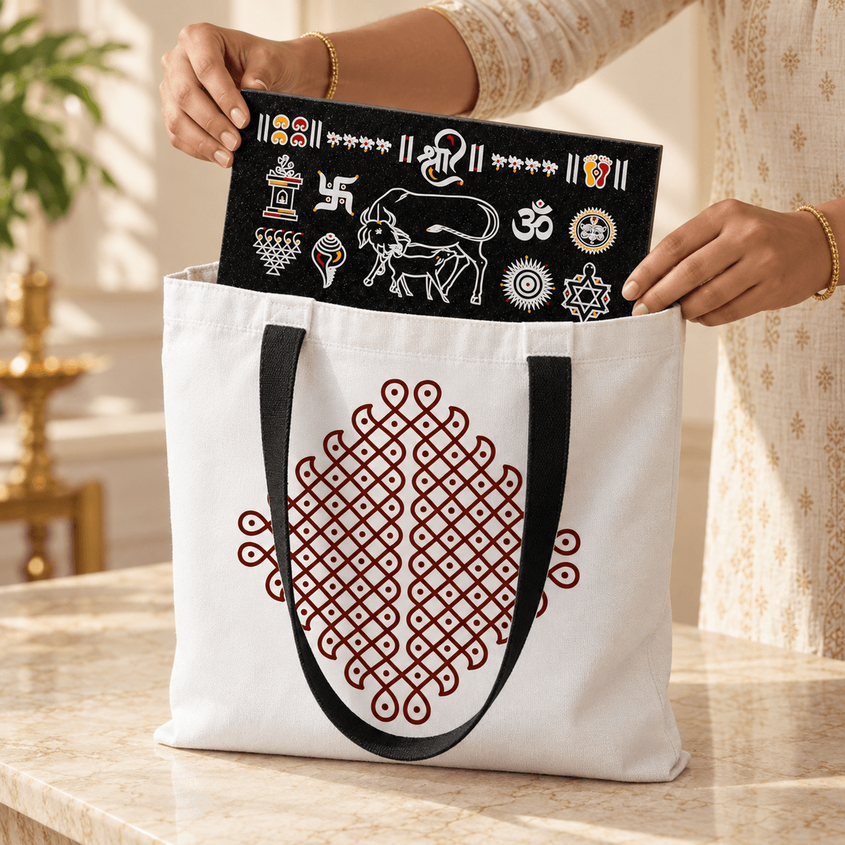 Kolam Dots Diamond printed canvas bag for return gifts