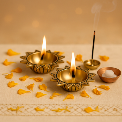 CHITRASHILA® Brass Sun Shaped Unique Diya for Puja Pure Brass Oil Lamp in Antique Gold Finish (Pack of 1)