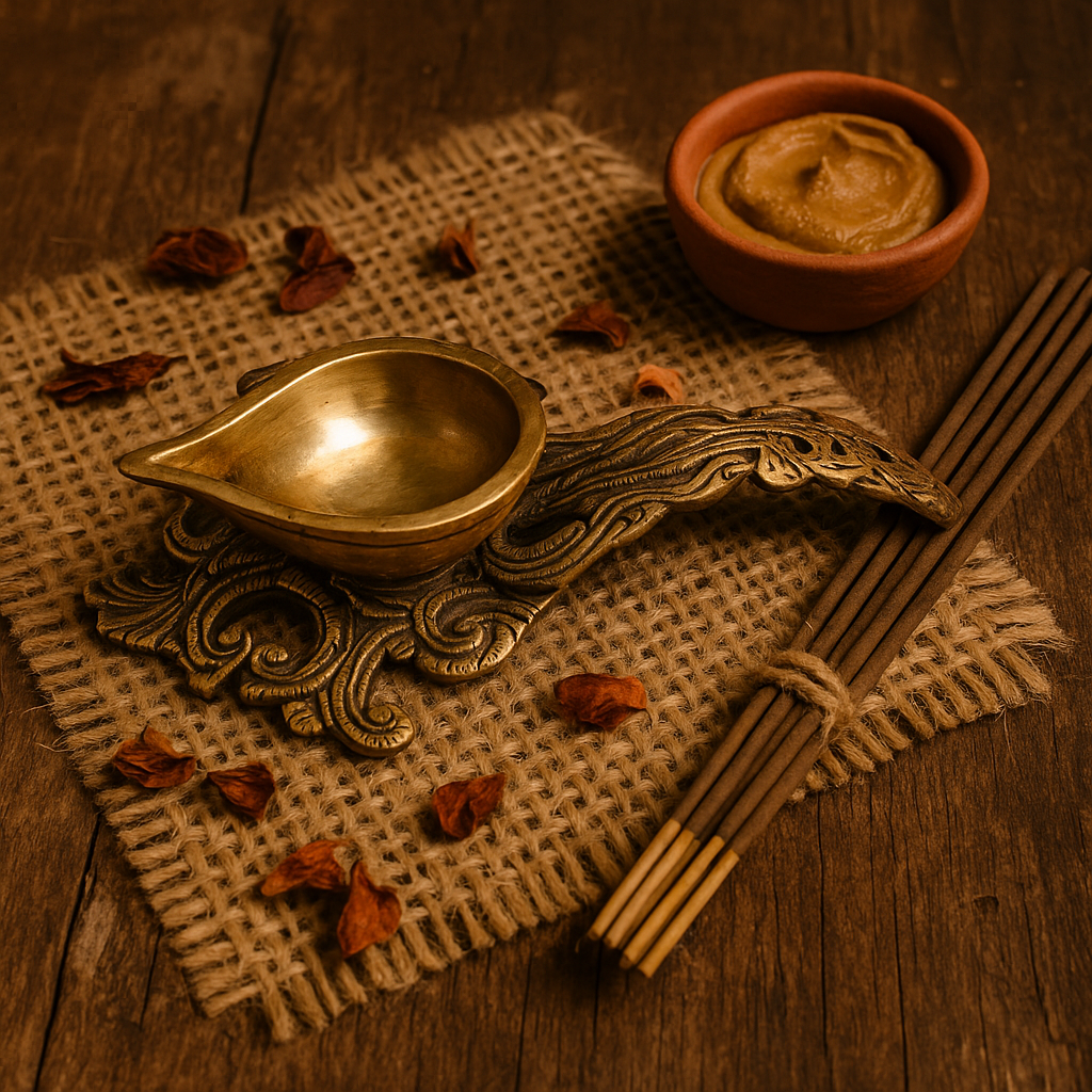 Brass Aarti Diya with Gold Antique Finish