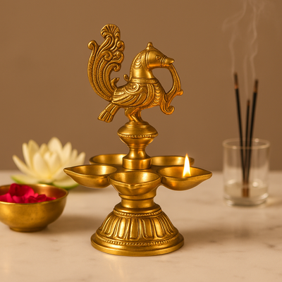 CHITRASHILA® Peacock Brass Diya 5-in-1 Oil Lamp for Ganesh, Laxmi & Navratri Pooja