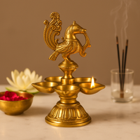 CHITRASHILA® Peacock Brass Diya 5-in-1 Oil Lamp for Ganesh, Laxmi & Navratri Pooja