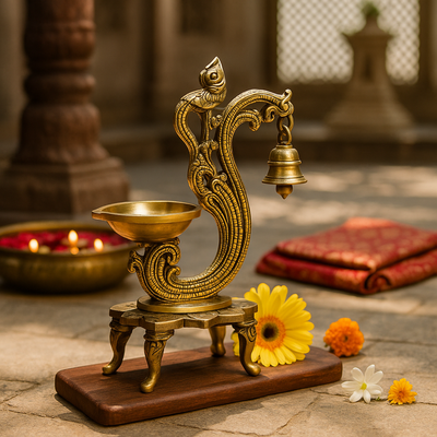 CHITRASHILA® Brass Peacock Diya with Bell - Pure Brass Antique Oil Lamp for Diwali & Navratri