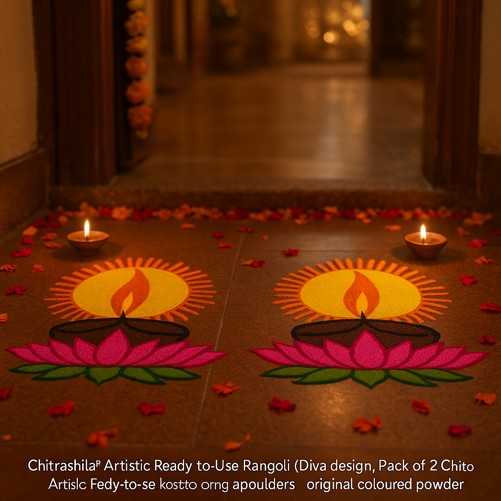 Decorative rangoli design with candles and colored powder on a floor.