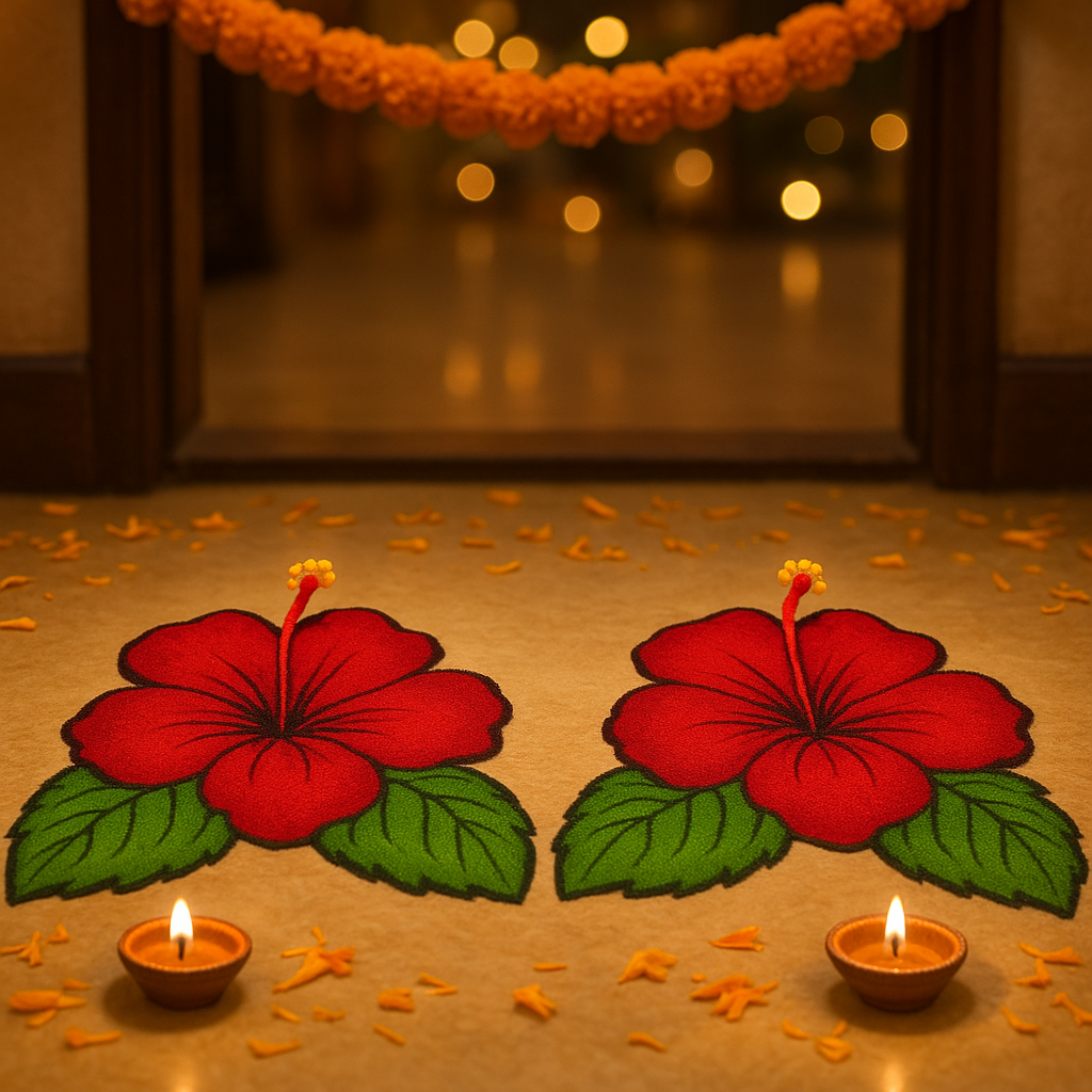 Hibiscus flowers with green leaves on a gold background
