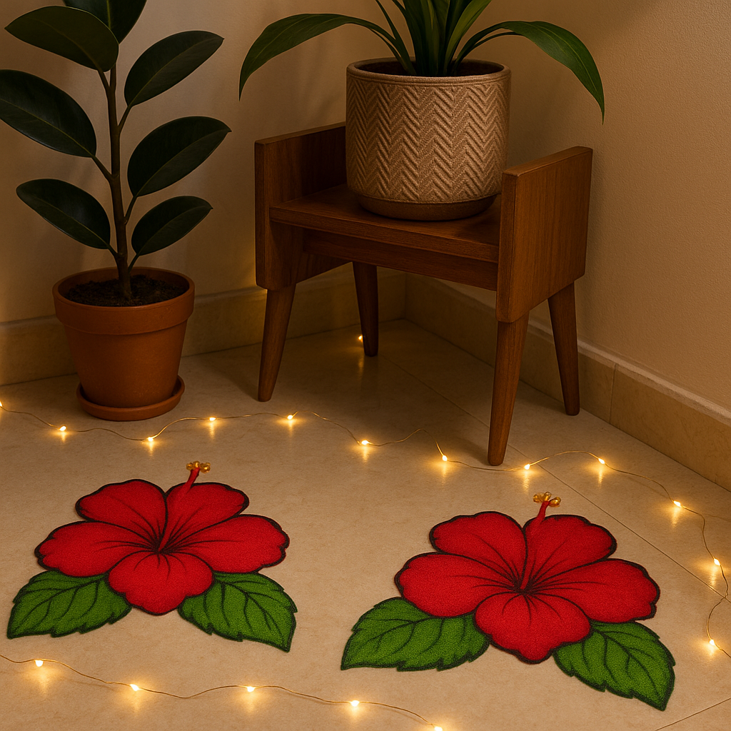 Two red Hibiscus floral mats on a floor with string lights and potted plants in the background.
