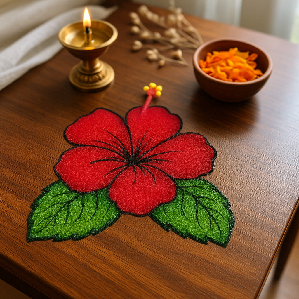 Red Hibiscus lower patch on a wooden surface with a lit candle and bowl of snacks in the background.