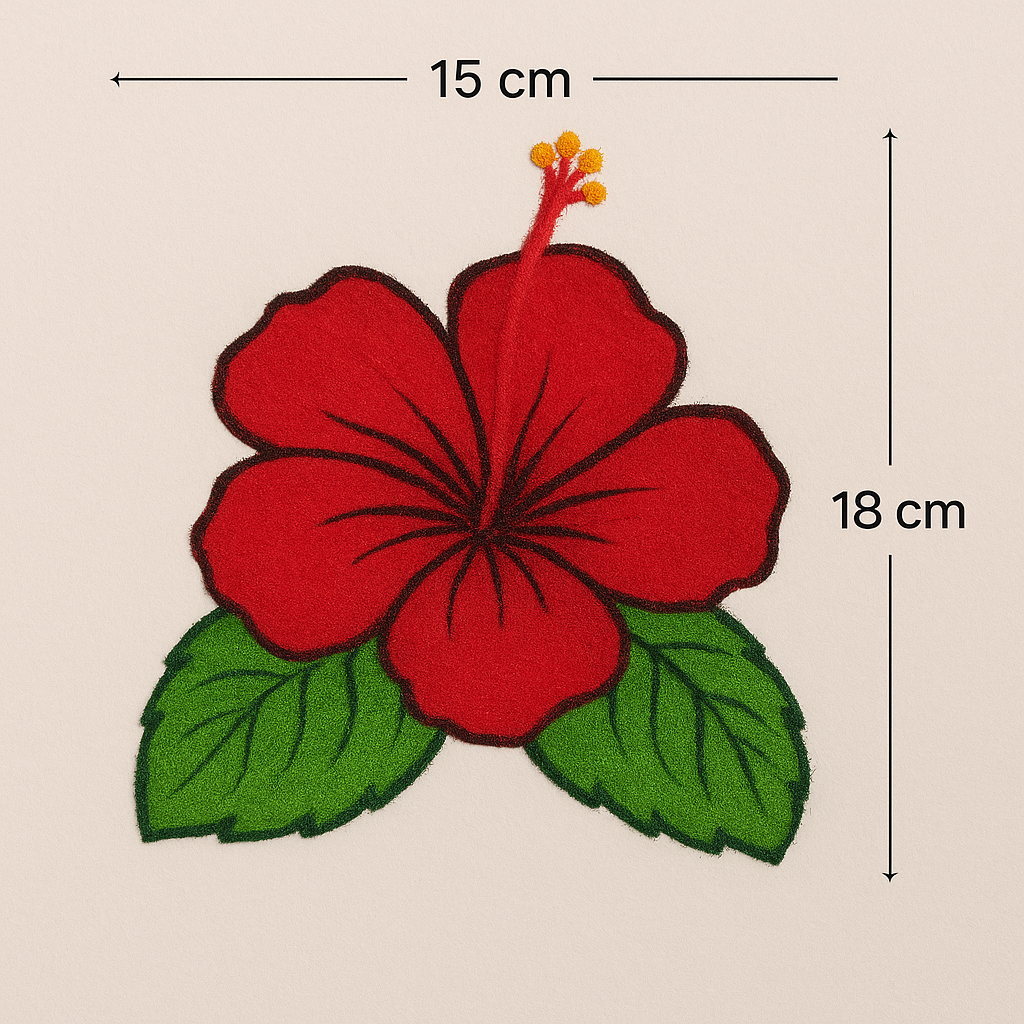 Red Hibiscus flower patch with green leaves and measurement details on a beige background