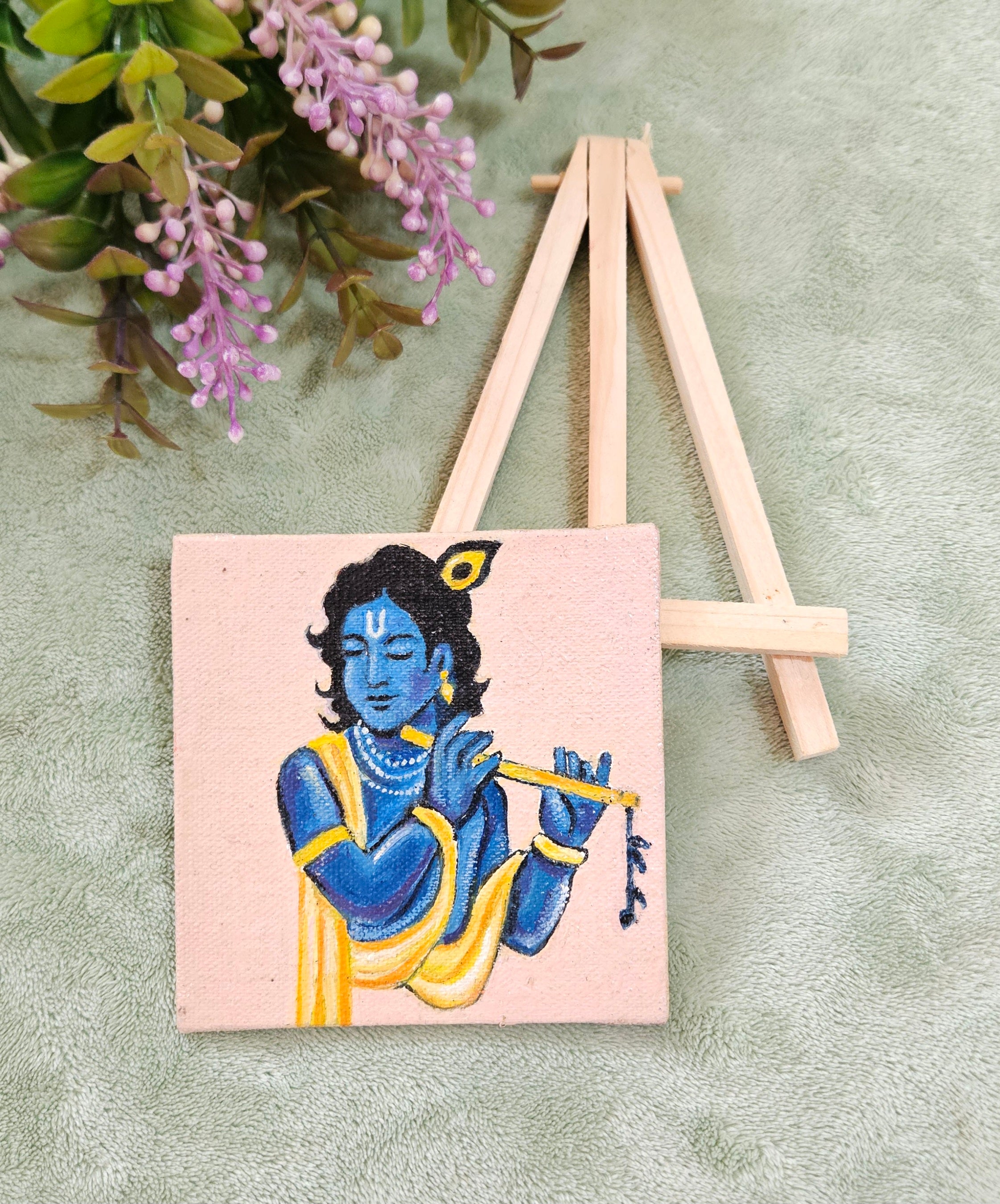 Chitrashila® 4×4 inch Handmade Canvas Painting - Krishna with flute | Devotional Mini Art for Home & Gift Décor