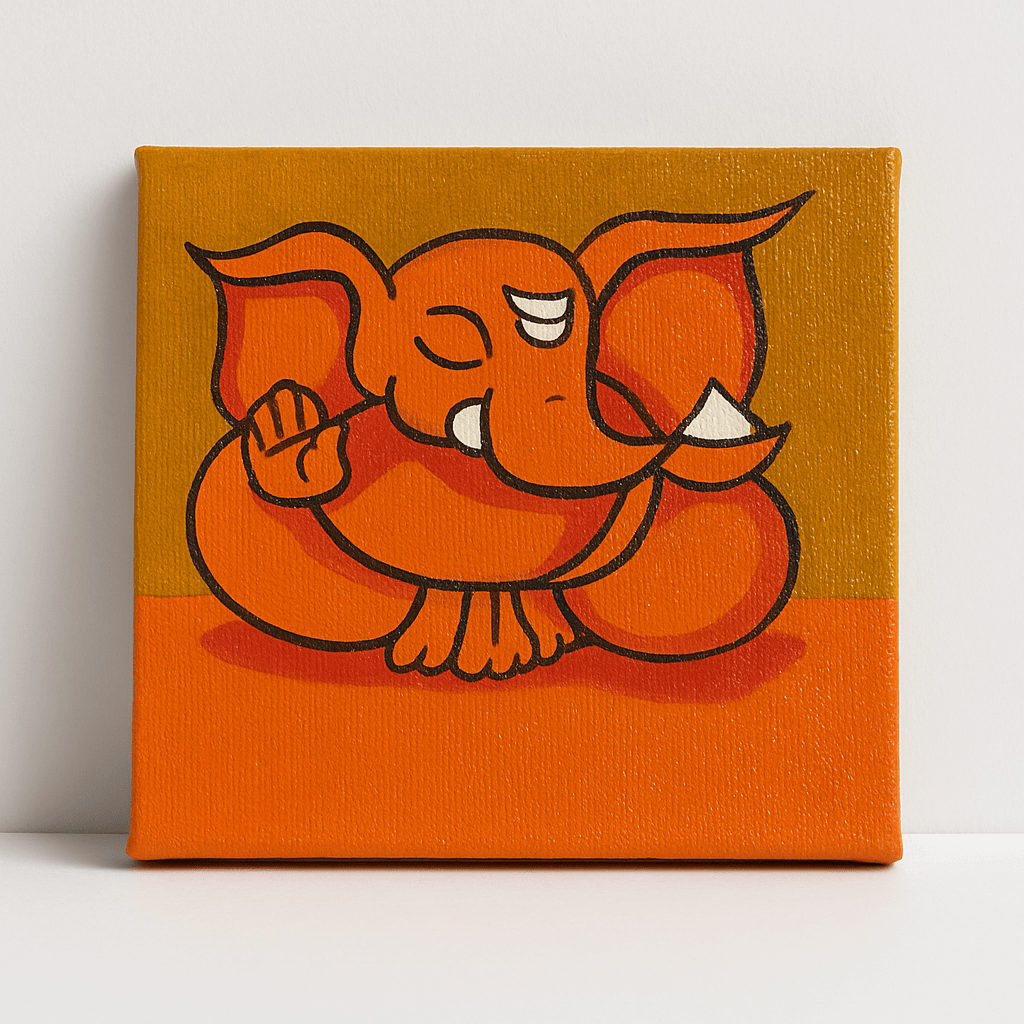 Chitrashila® 4×4 inch Handmade Canvas Painting - Orange Ganesha | Devotional Mini Art for Home & Gift Décor