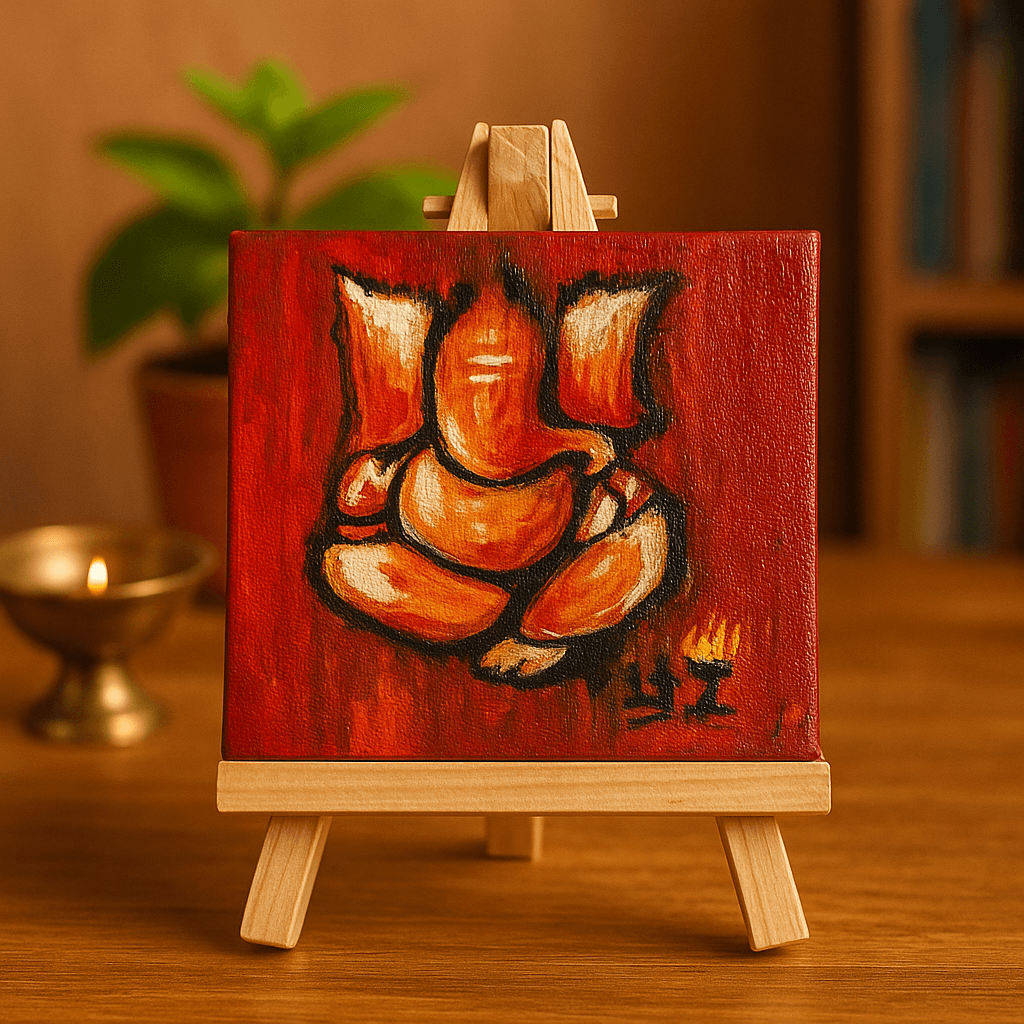 Chitrashila® 4×4 inch Handmade Canvas Painting - Blurred Ganesha | Devotional Mini Art for Home & Gift Décor
