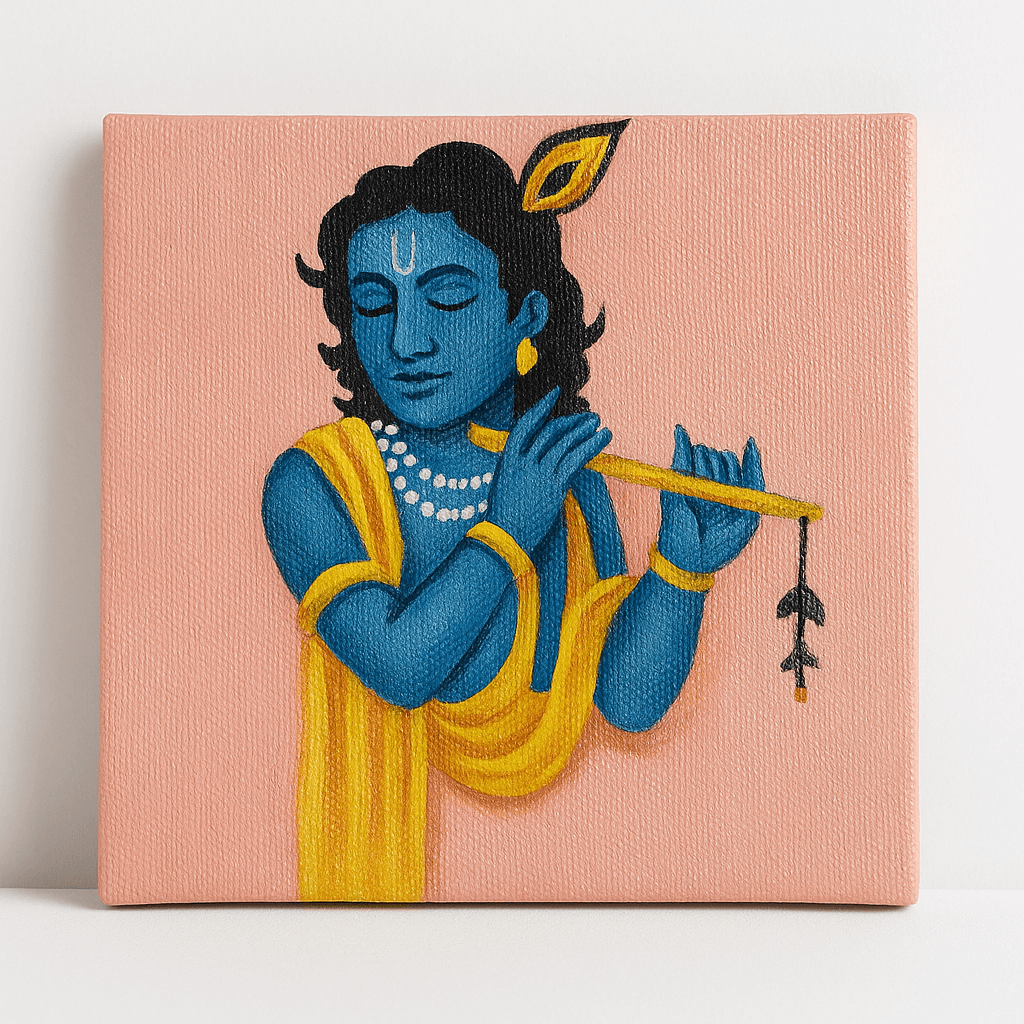 Chitrashila® 4×4 inch Handmade Canvas Painting - Krishna with flute | Devotional Mini Art for Home & Gift Décor