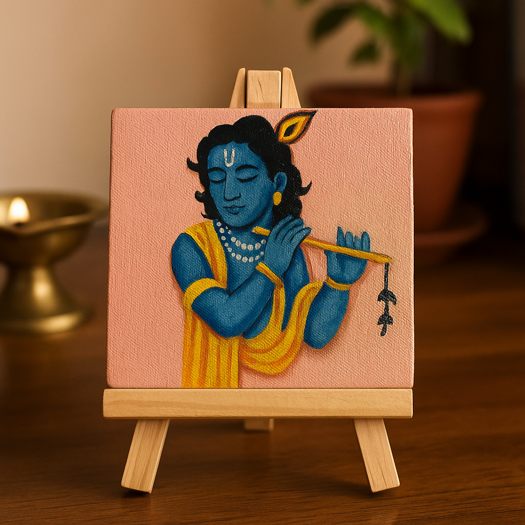 Chitrashila® 4×4 inch Handmade Canvas Painting - Krishna with flute | Devotional Mini Art for Home & Gift Décor