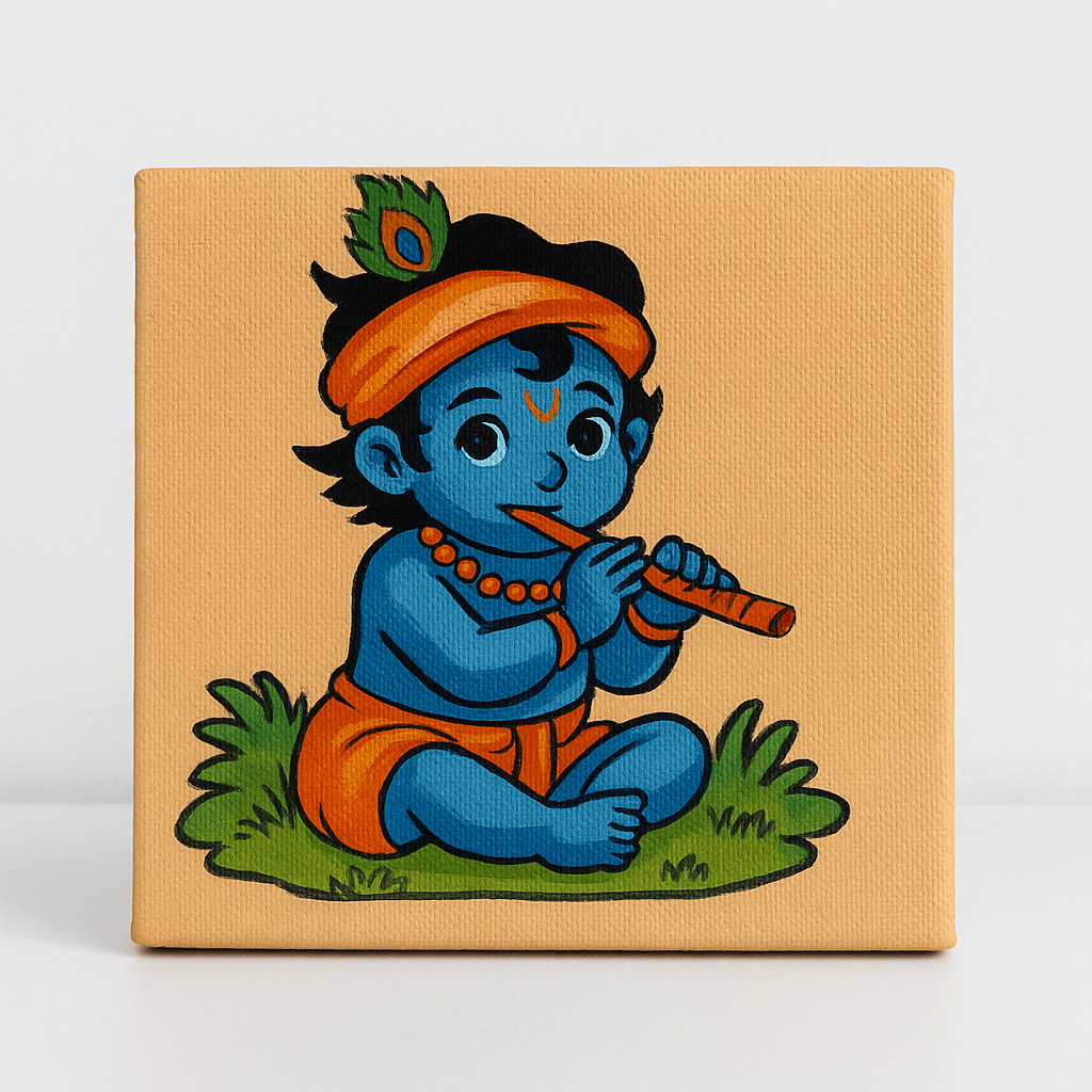 Canvas painting of Bal Krishna playing a flute on a beige background