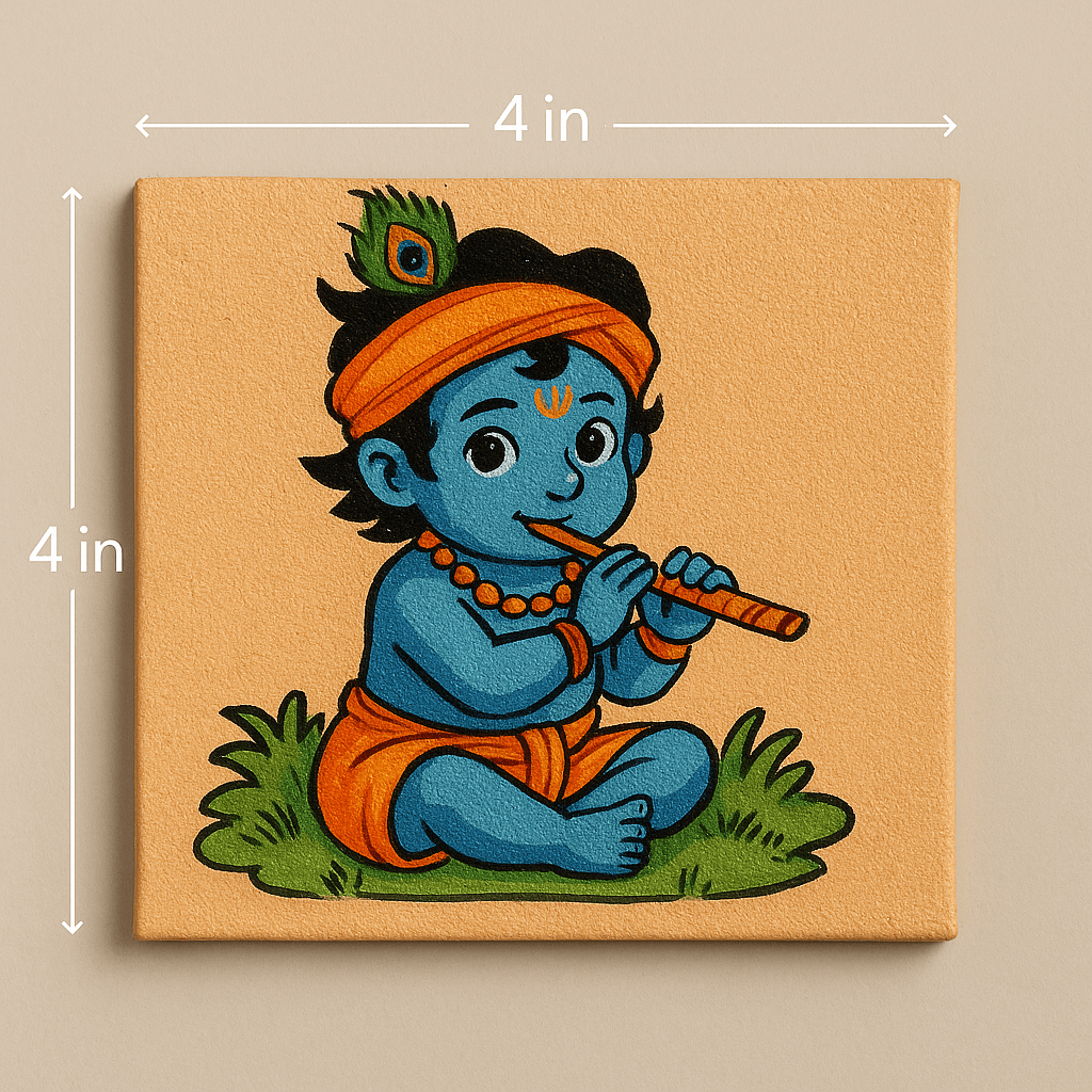 Illustration of Bal Krishna with flute and peacock feather on beige background with dimensions indicated.
