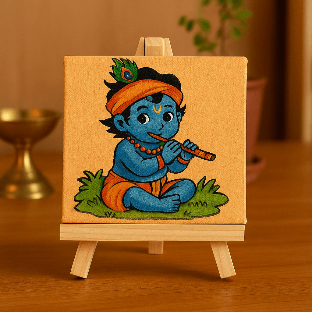 Wooden plaque with an illustration of BalKrishna playing a flute on a wooden stand.