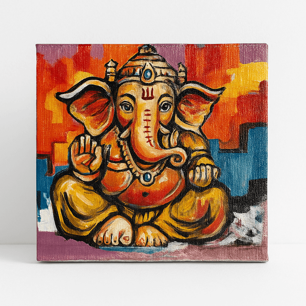 Chitrashila® 4×4 inch Handmade Canvas Painting - Abstract Ganesha | Devotional Mini Art for Home & Gift Décor