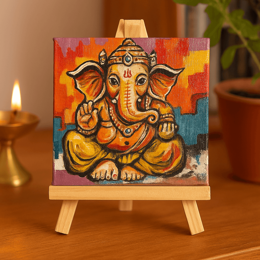 Chitrashila® 4×4 inch Handmade Canvas Painting - Abstract Ganesha | Devotional Mini Art for Home & Gift Décor