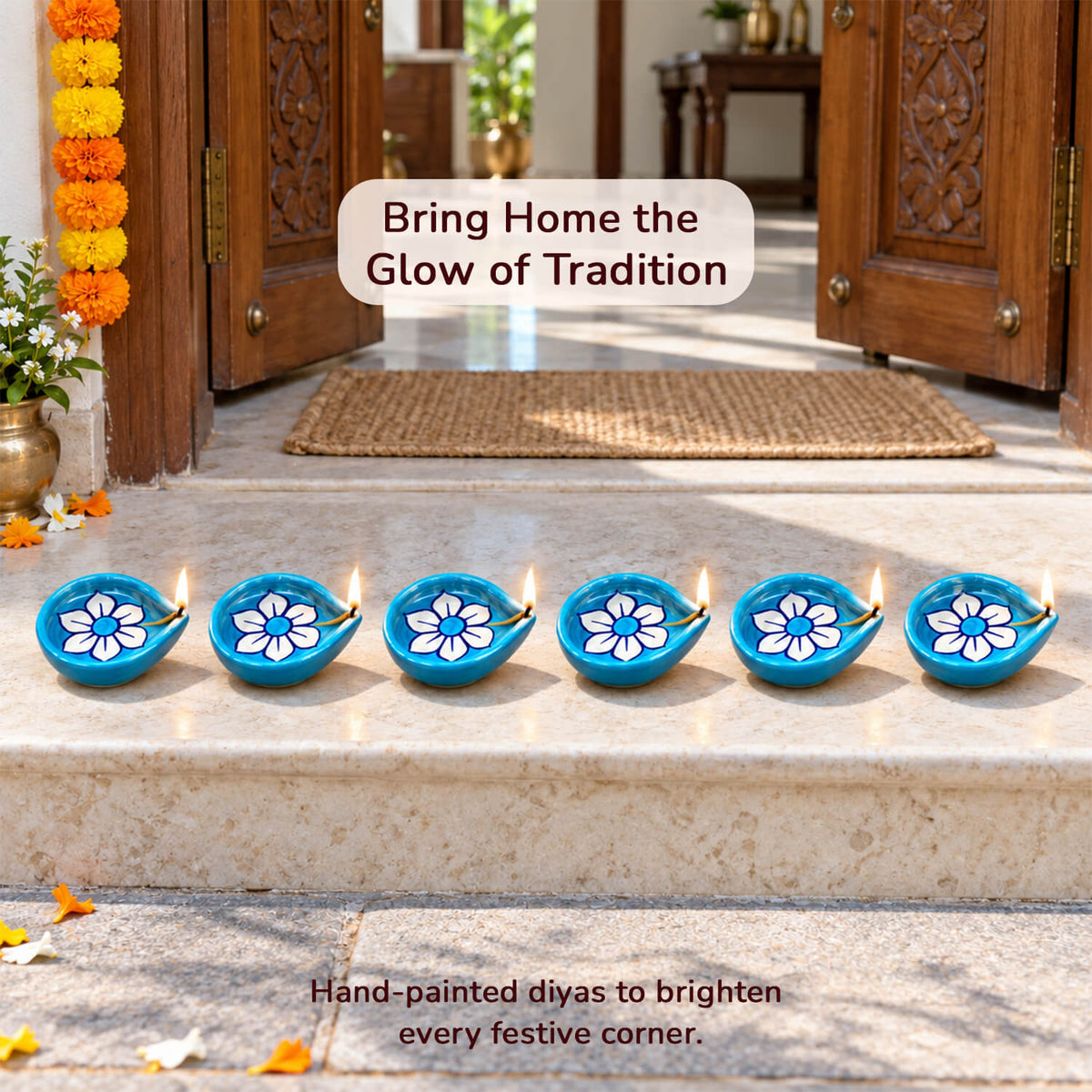 Designer pottery diyas arranged as modern home decor accent pieces