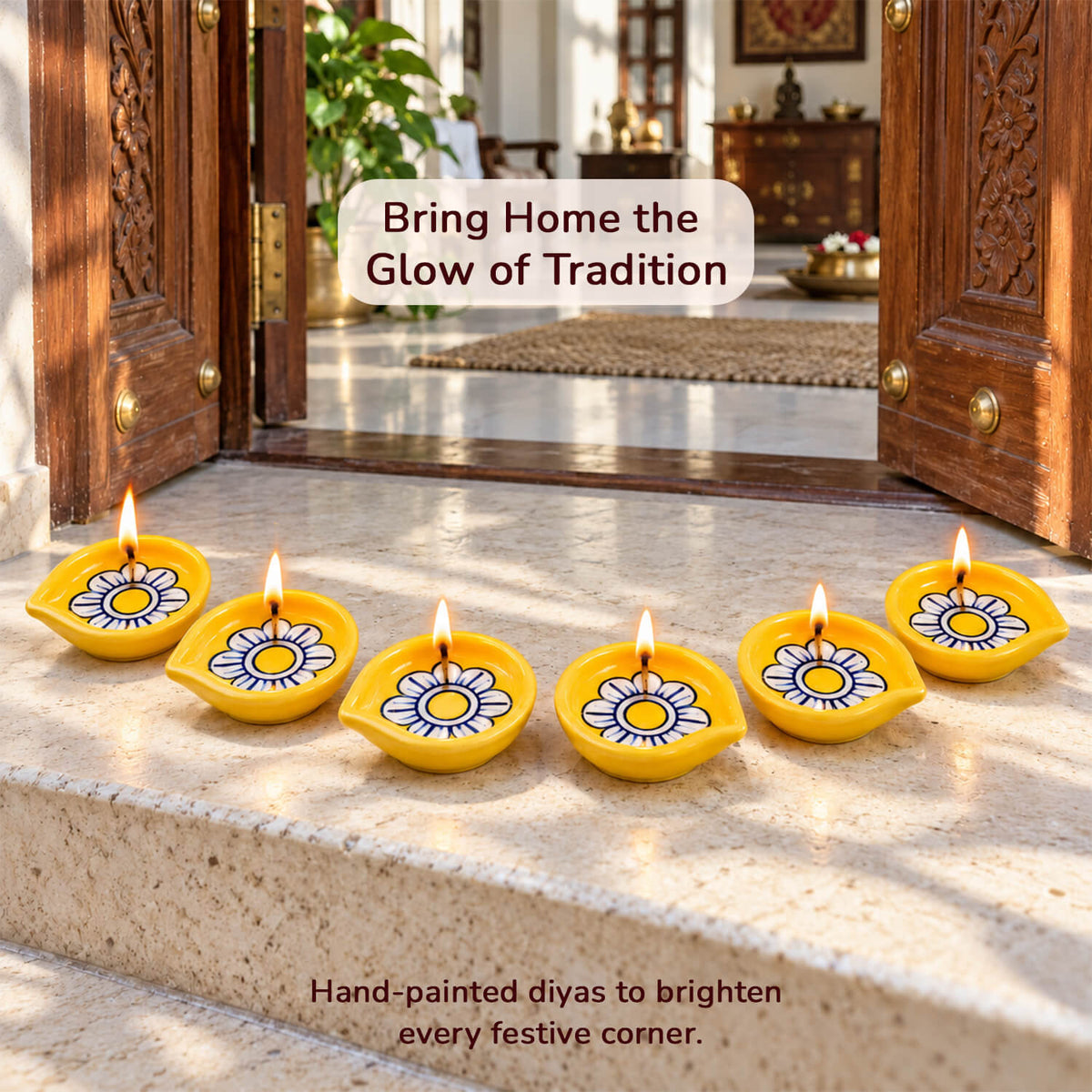 Hand-painted ceramic diya closeup with festive colour pattern