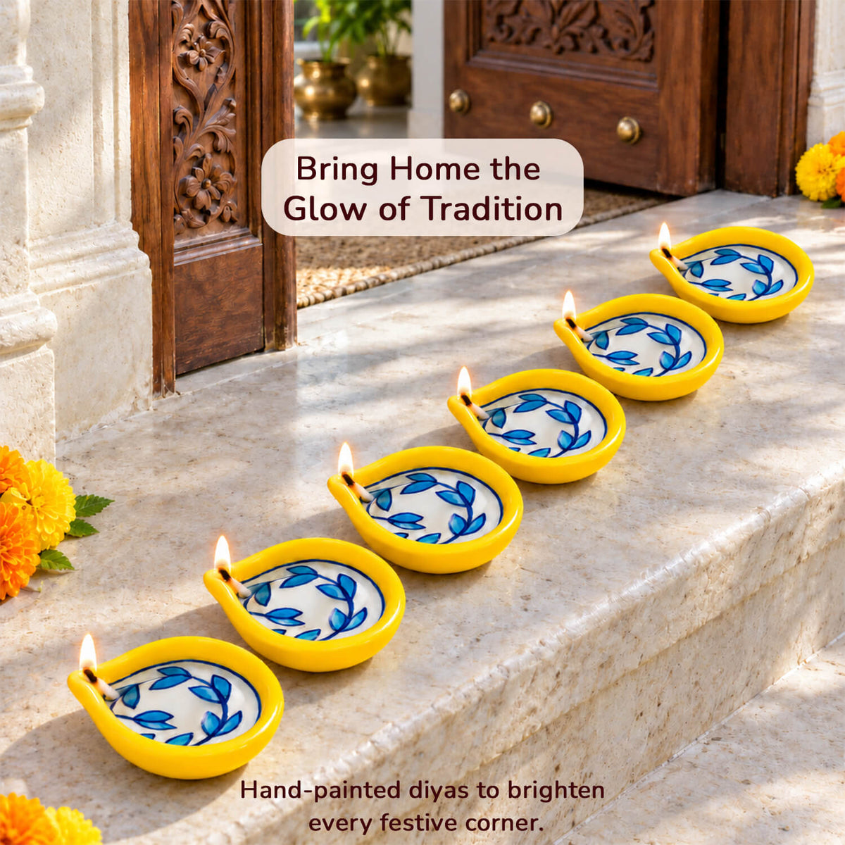 Set of 6 decorative pottery diyas arranged for Diwali pooja decoration