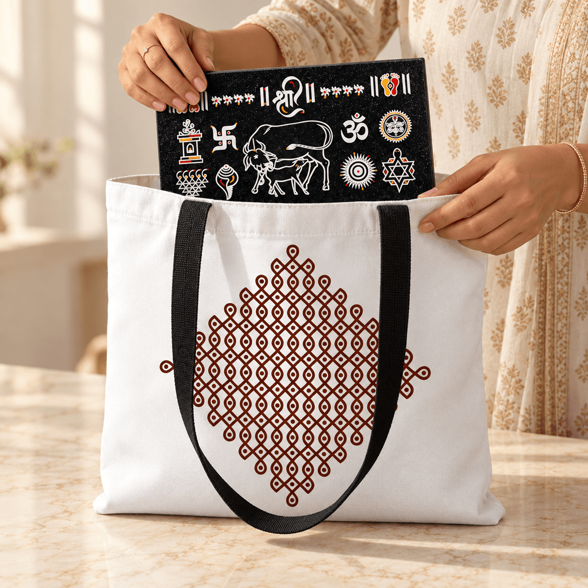 Diamond kolam canvas tote — traditional gifting bag