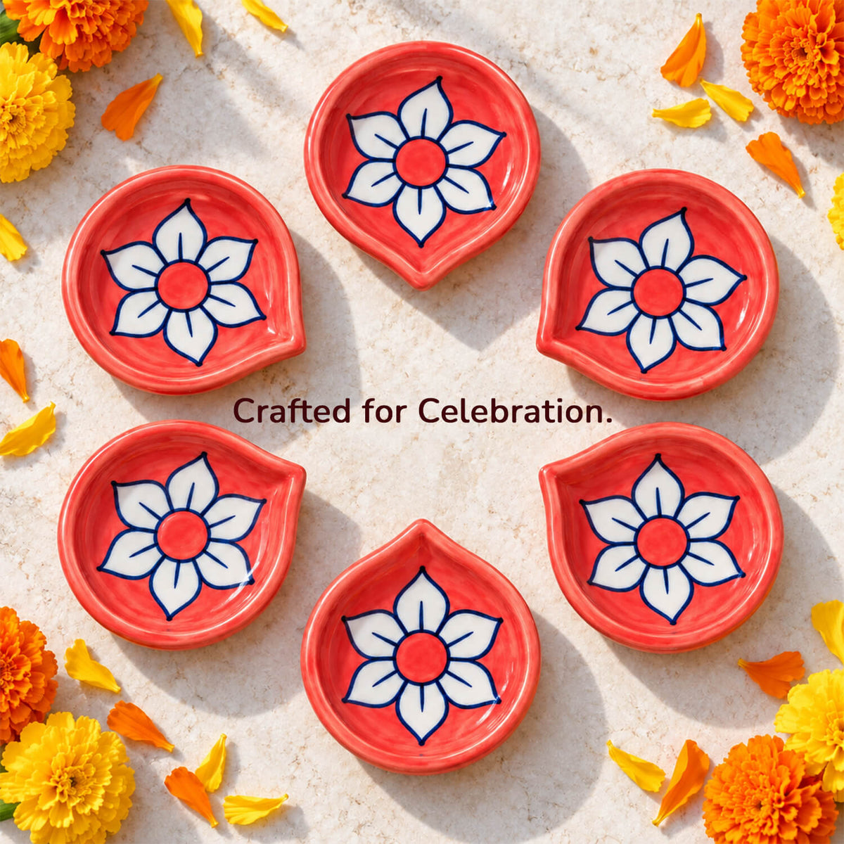 Handcrafted glazed pottery diyas closeup with detailed artisan work