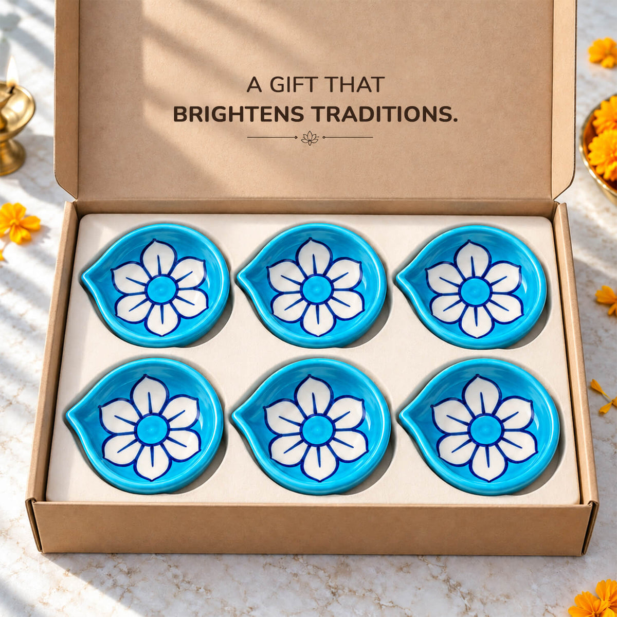 Set of 6 designer glazed pottery diyas for home and festive styling
