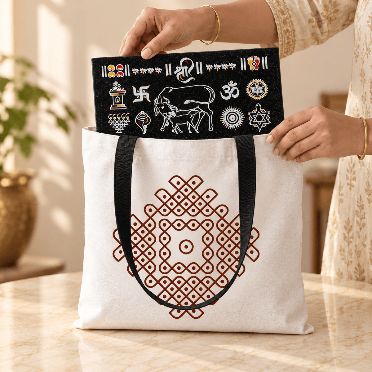 Diamond Pulli Kolam canvas tote — traditional gifting bag