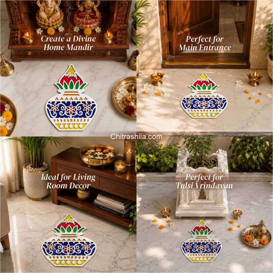 CHITRASHILA® Auspicious Kalash MDF Rangoli Mat (12x12 inches)-D10