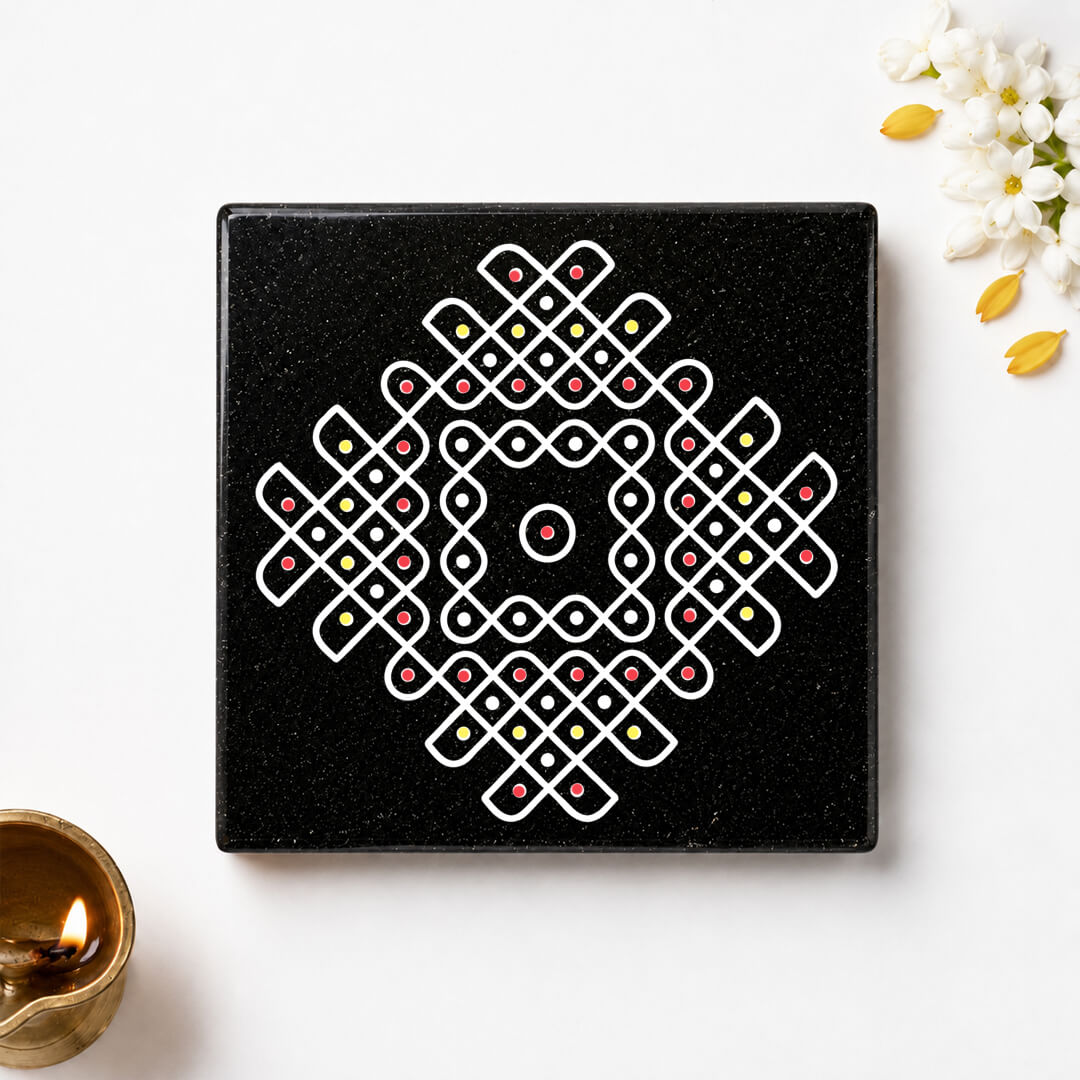 Pulli Kolam Diamond Granite Printed Rangoli | Permanent Rangoli Tile 6×6 Inch (R-05)