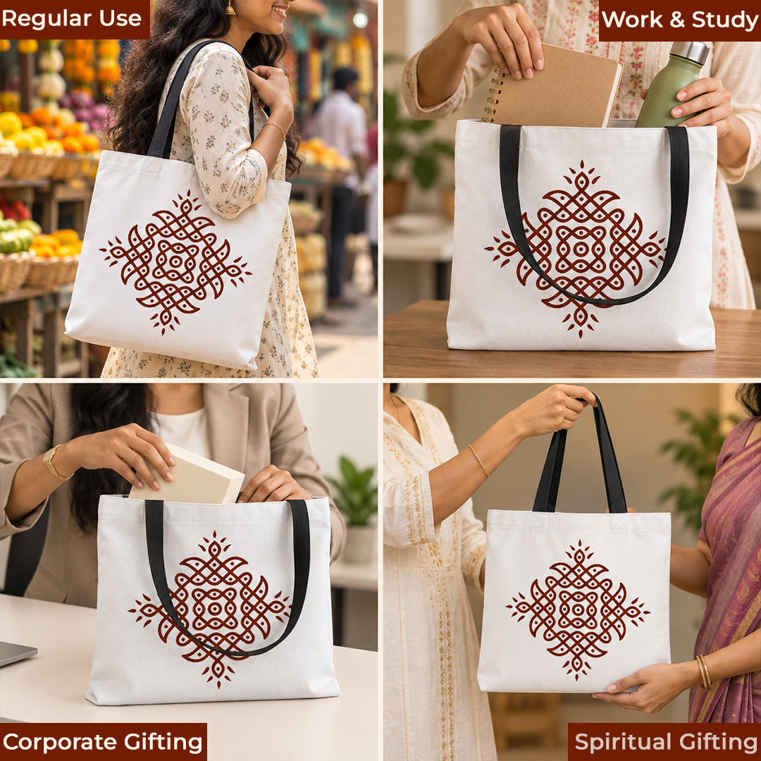 Pulli Kolam dot design canvas tote — perfect return gift bag