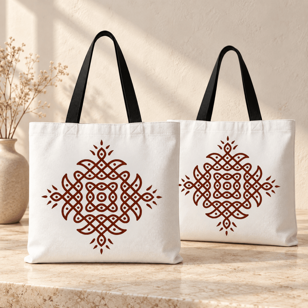 Kolam Dot Rangoli print canvas bag — Pulli Kolam tote